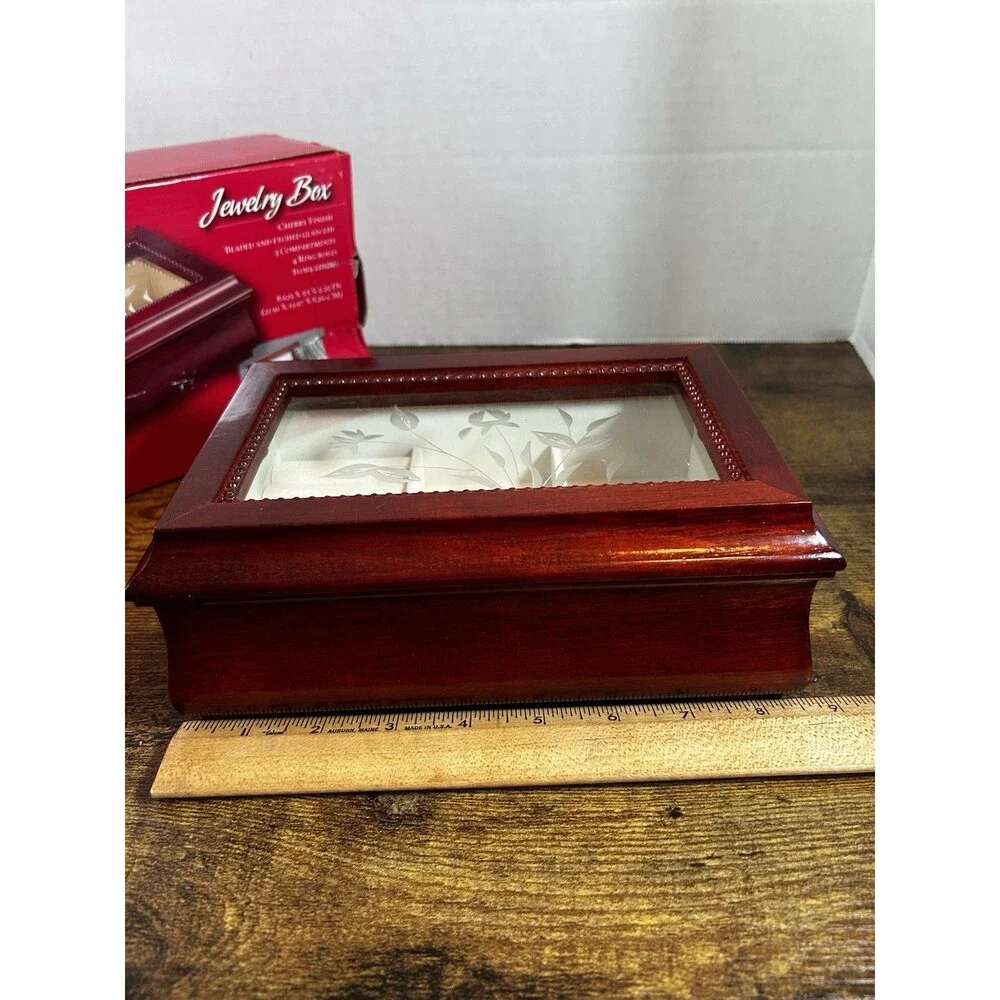 Cherry Finish Wooden Jewelry Box Etched Glass Lid 3 Compartment Ring Holder Vtg